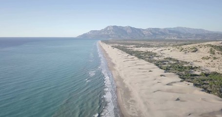 Wall Mural - High altitude aerial drone video of long Mediterranean Sea and Turkey's longest sand beach coast camera descend over ocean and waves in Patara, Turkey. 4k at 23.97fps