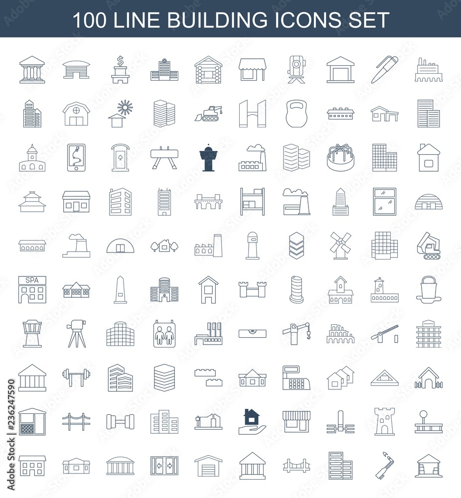 building icons. Set of 100 line building icons included cargo barn ...