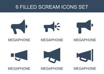 Poster - scream icons. Set of 6 filled scream icons included megaphone on white background. Editable scream icons for web, mobile and infographics.