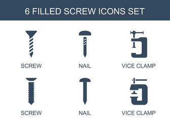 Aufkleber - screw icons. Set of 6 filled screw icons included nail, vice clamp on white background. Editable screw icons for web, mobile and infographics.
