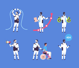 Poster - set bot helper robot personal assistant diversity professions communication collection robot character artificial intelligence concept blue background flat full length