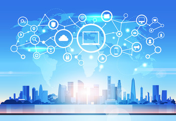 Poster - world map laptop icon database cloud security network futuristic interface data privacy connection concept skyline sunset cityscape background flat horizontal