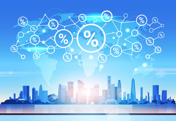 Poster - world map percent icon financial analytics network futuristic interface connection concept skyline s