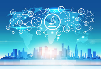 Poster - world map futuristic microscope icon interface medical healthcare network connection concept cityska