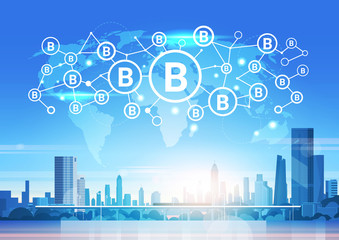 Poster - world map futuristic bitcoin icon interface network mining crypto currency connection concept citysc