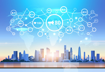 Poster - world map futuristic interface social media network icon loudspeaker connection concept skyline city