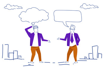 Poster - two businessman talking chat bubble communication concept business man sketch doodle white backgroun