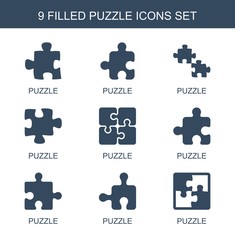 Poster - puzzle icons. Set of 9 filled puzzle icons  on white background. Editable puzzle icons for web, mobile and infographics.
