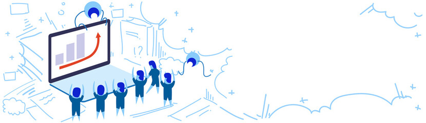 Poster - laptop screen financial graph arrow up people group brainstorming teamwork success concept sketch do