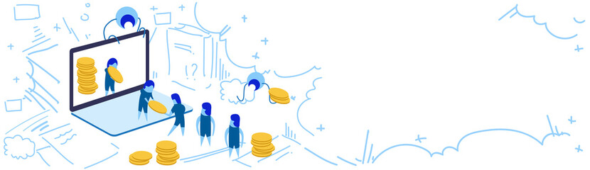 Poster - businessman laptop screen transfer money coins stack online payment teamwork process growth wealth c