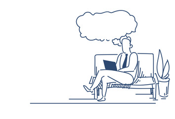 Poster - businessman using laptop idea chat bubble relaxing sofa business plan concept male silhouette sketch