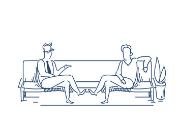 Poster - two businessmen communication relaxing sofa business negotiation concept male silhouette sketch dood