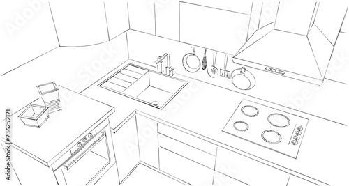 L Shape Kitchen Counter Close Up Sketch Drawing Top View Stock Illustration Adobe Stock