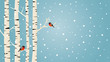 Snowy birch trees and Bullfinches birds, winter vector background