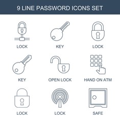 Aufkleber - password icons. Set of 9 line password icons included lock, key, open lock, hand on atm, safe on white background. Editable password icons for web, mobile and infographics.