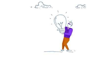 Poster - businessman hold light lamp new idea innovation concept leader hardworking process sketch doodle hor