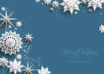 Fotobehang - Winter holiday realistic paper cut snowflakes. Snow christmas decoration for design banner, ticket, invitation, greetings, leaflet and so on.