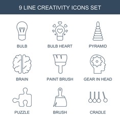 Aufkleber - creativity icons. Set of 9 line creativity icons included bulb, bulb heart, pyramid, brain, paint brush on white background. Editable creativity icons for web, mobile and infographics.