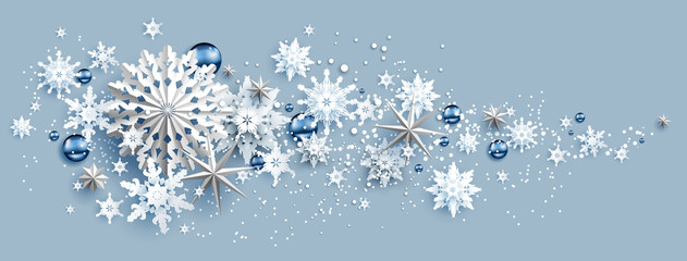 Fotobehang - Facebook Web Banner Social Media template. Shine winter decoration with snowflakes, stars and balls.