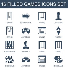 Poster - games icons. Set of 16 filled games icons included swing, board game, joystick, torch, dice game on white background. Editable games icons for web, mobile and infographics.