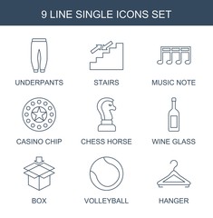 Poster - single icons. Set of 9 line single icons included underpants, stairs, music note, Casino chip, chess horse on white background. Editable single icons for web, mobile and infographics.