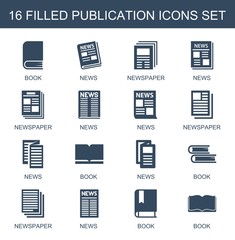 Poster - publication icons. Set of 16 filled publication icons included book, news, newspaper on white background. Editable publication icons for web, mobile and infographics.