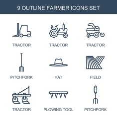 Canvas Print - farmer icons. Set of 9 outline farmer icons included tractor, pitchfork, hat, field, plowing tool on white background. Editable farmer icons for web, mobile and infographics.