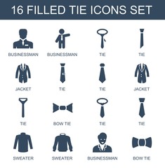 Poster - tie icons. Set of 16 filled tie icons included businessman, jacket, bow tie, sweater on white background. Editable tie icons for web, mobile and infographics.