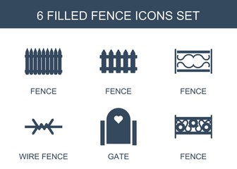 Wall Mural - fence icons. Set of 6 filled fence icons included wire fence, gate on white background. Editable fence icons for web, mobile and infographics.