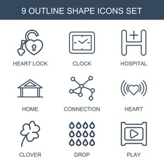 Wall Mural - shape icons. Set of 9 outline shape icons included heart lock, clock, hospital, home, connection, heart, Clover on white background. Editable shape icons for web, mobile and infographics.