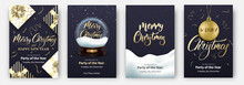 Christmas Cards. Design Layouts For Merry Xmas. Posters With Snow Globe, Gifts, Other Christmas Decorations And Lettering.