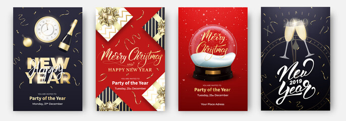 New Year and Christmas cards. Design layouts for Winter holidays. Posters with balloons, snow globe, champagne, decorations and lettering.