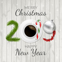 Wall Mural - Merry Christmas and Happy New Year 2019 greeting card on wood background.