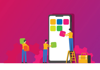 Poster - Mobile application development concept illustration with teamwork programmers and mobile phone