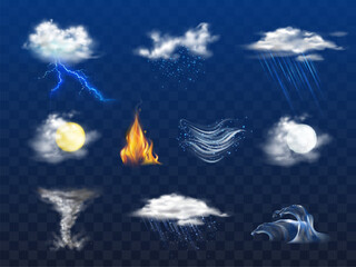 day, night weather forecast icon, natural disaster 3d realistic vector set isolated on transparent b