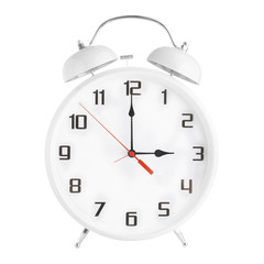 White alarm clock showing three o'clock isolated on white background.