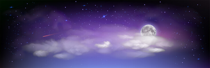 Wall Mural - Star night. Night sky background with moon, clouds and stars. Moonlight night. Magic night vector illustration.