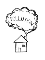 Sticker - Black brush and ink artistic rough hand drawing of smoke coming from house chimney into air. Environmental concept of pollution.