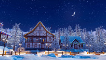 Dreamlike Winter Scenery With Cozy Half-timbered Rural Houses Among Snow Covered Fir Trees In Snowbound Alpine Mountain Village At Serene Starry Night. 3D Illustration.