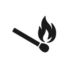 Black Isolated Icon Of Matchstick With Fire On White Background. Silhouette Of Match Stick With Flame. Flat Design.