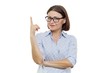 © Valerii Honcharuk - Portrait of middle-aged woman in glasses with index finger up, attention, white background isolated