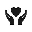 Black isolated icon of heart in hands on white background. Silhouette of heart and hands. Symbol of care, love, charity.