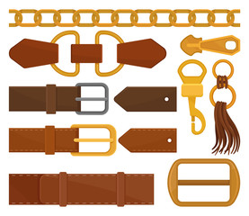 Wall Mural - Flat vector set of different belt elements. Trendy leather waistbands, golden chain, zipper pull. Fashion embellishment