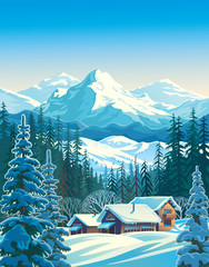 Wall Mural - Winter mountain landscape with fir-trees in the foreground with houses similar to shelters for tourists. Vector illustration.