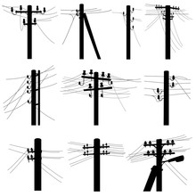 Set Of Vector Silhouettes Of Power Line Poles.