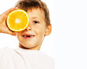 little cute boy with orange fruit double isolated on white smili