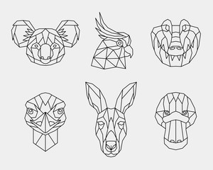 Wall Mural - Set of abstract polygonal animals of Australia. Linear geometric Koala, kangaroo, cockatoo, platypus, crocodile, ostrich. Vector illustration.