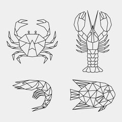 Wall Mural - Set of abstract polygon animals. Linear geometric crab, lobster, shrimp, fish. Vector illustration.