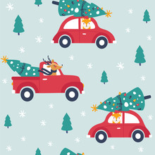 Winter Seamless Pattern With Red Car And Christmas Tree.