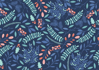 Wall Mural - winter seamless pattern with holly berries, branches and leaves. vector